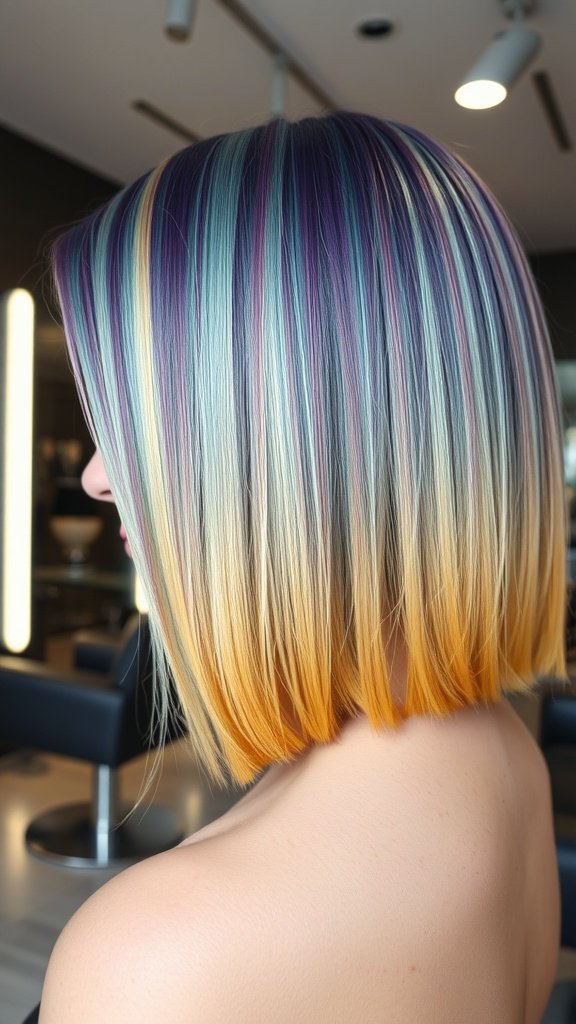 Inverted razor-cut bob hairstyle with ombre colors transitioning from purple and blue to golden.
