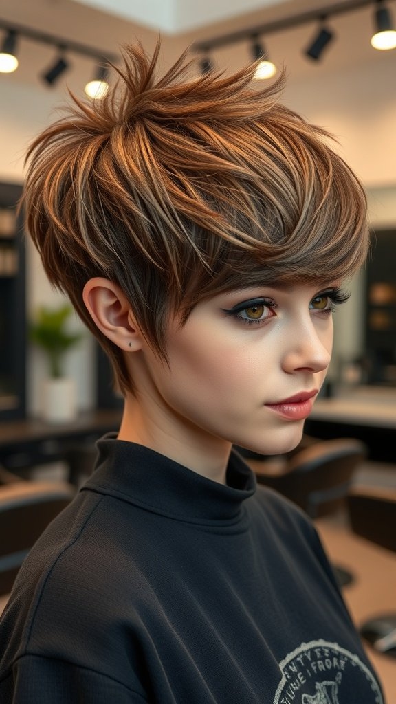 A young woman with a layered pixie haircut featuring an edgy fringe, showcasing volume and texture.