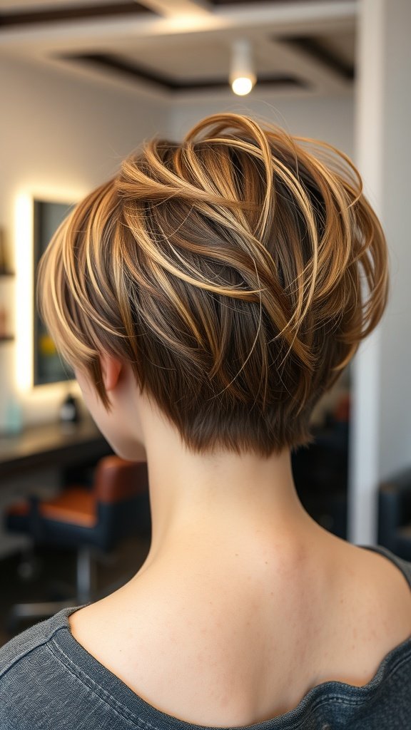 A layered pixie haircut with highlighted ends, showcasing a stylish and textured look.
