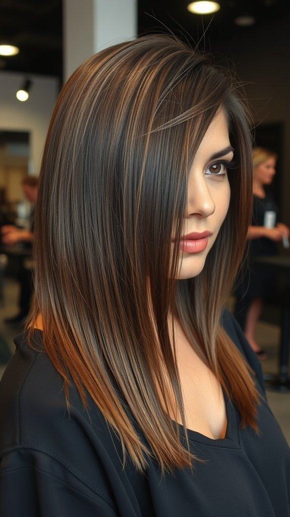A woman with a long bob haircut featuring face-framing layers and subtle highlights.