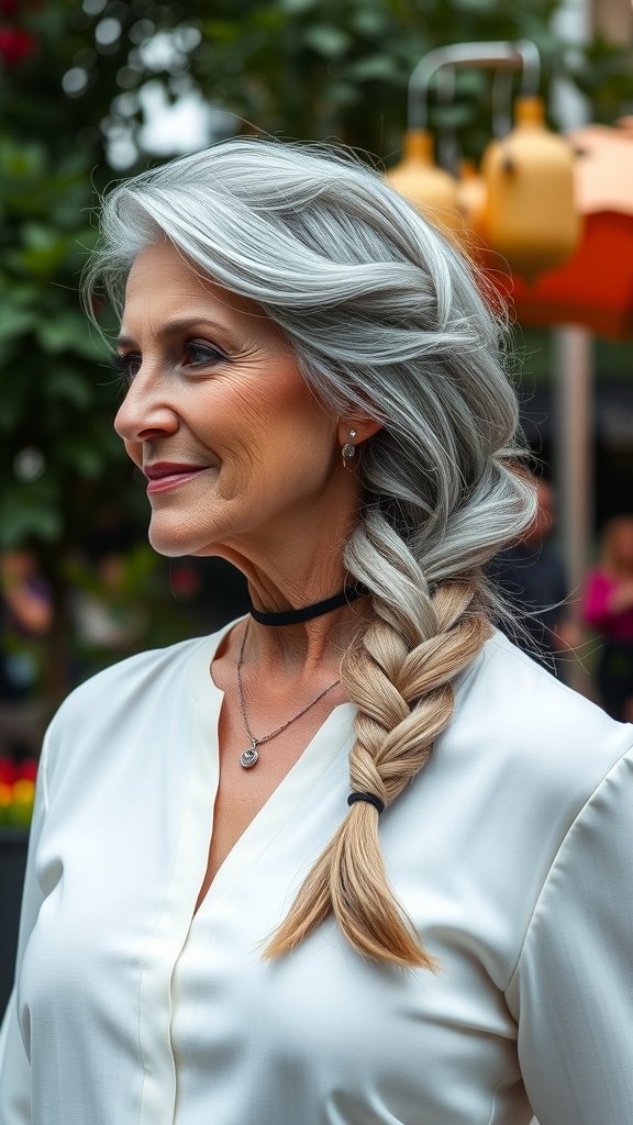 A woman with long gray hair styled in a French braid, wearing a white blouse and a choker necklace.