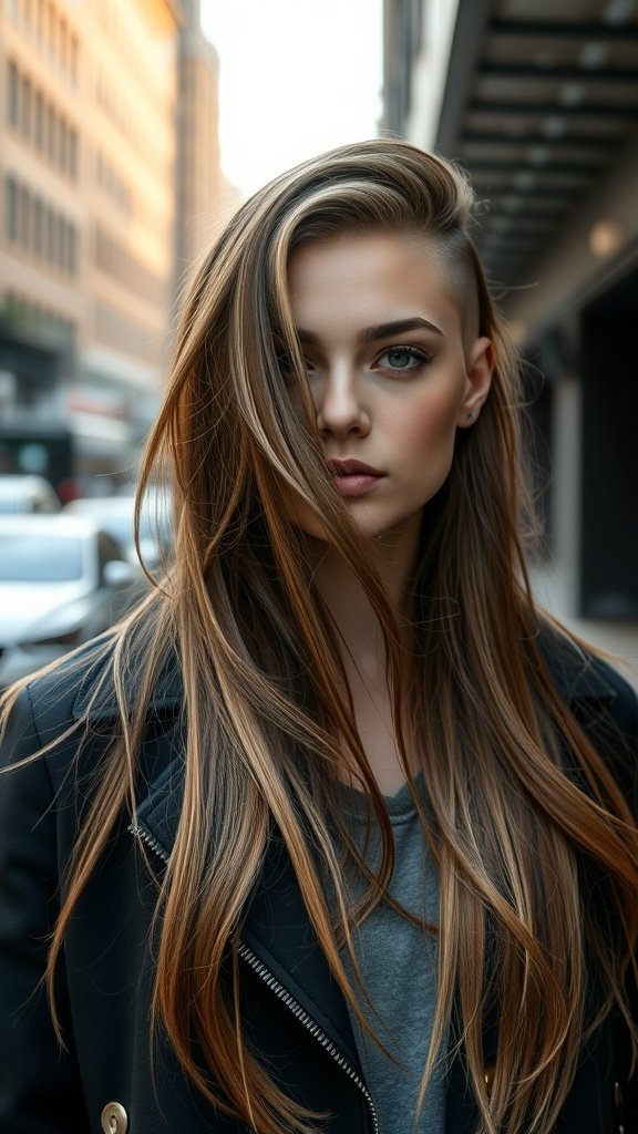 A woman with long layered hair and an undercut, showcasing a stylish and modern hairstyle.
