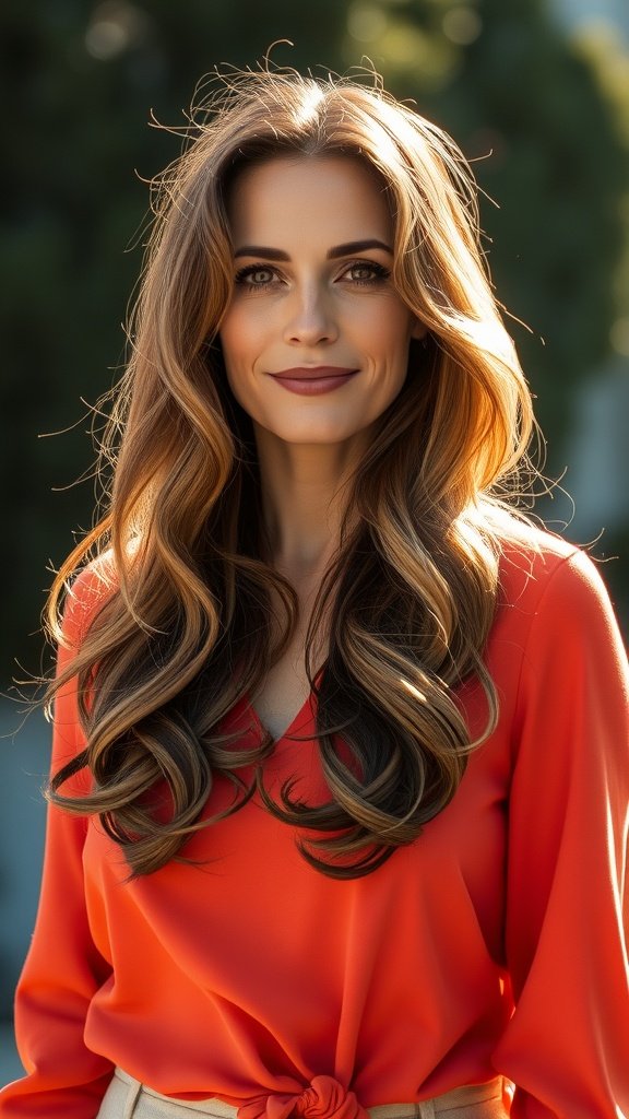 A woman with long layers and feathered waves, wearing an orange blouse, showcasing a stylish and vibrant hairstyle.