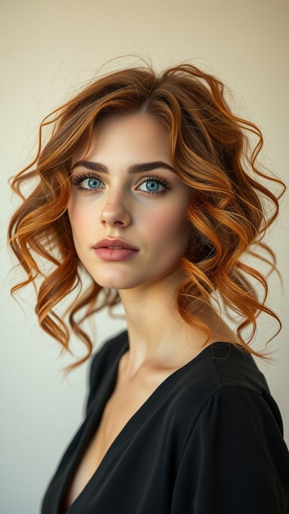 A woman with loose copper curls and subtle highlights, showcasing a trendy hairstyle.