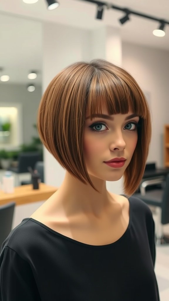 A woman with medium-length hair styled in a blunt cut, featuring straight hair and a warm color, looking confidently at the camera.