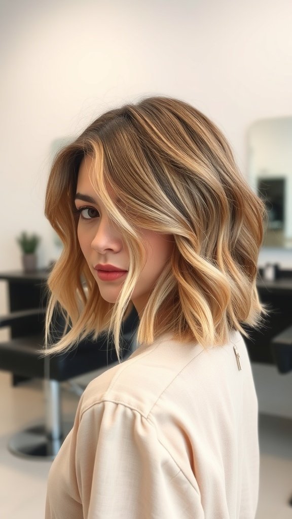 A woman with medium-length shag hair, featuring delicate face-framing layers, looking stylish in a salon.