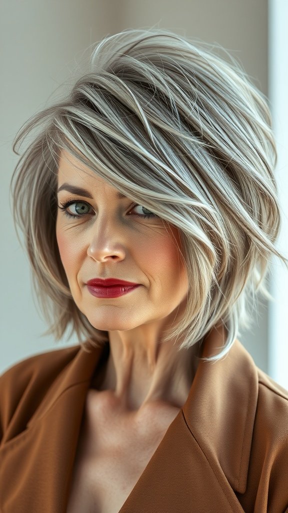 A woman with a messy bob hairstyle featuring wispy layers, showcasing gray hair.