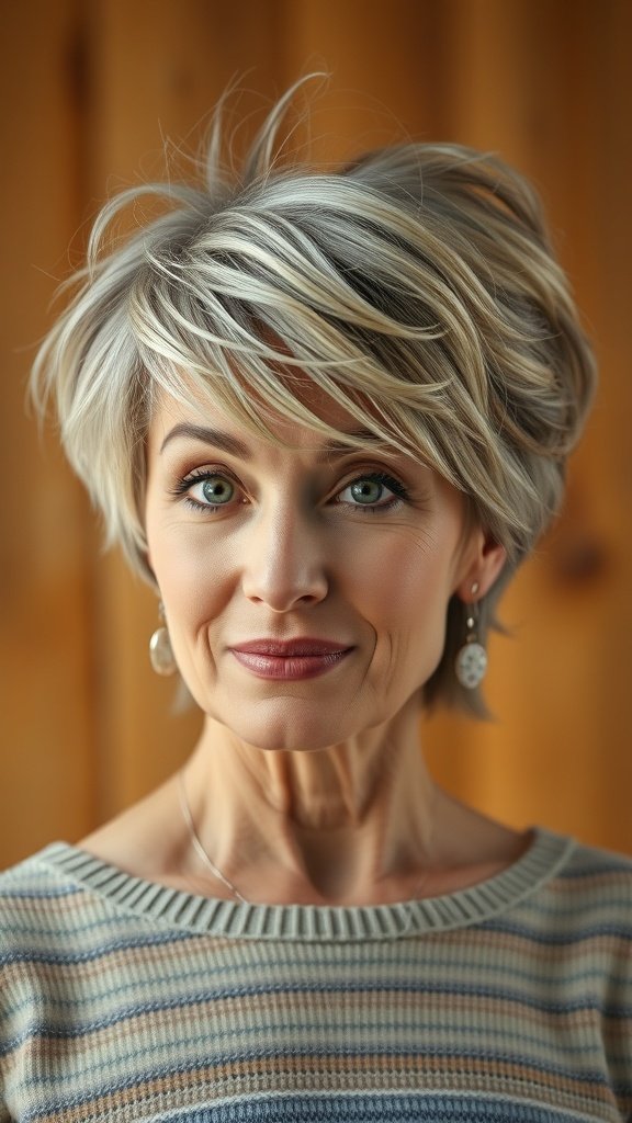 A woman with a messy pixie hairstyle featuring wispy layers, showcasing a stylish and elegant look.