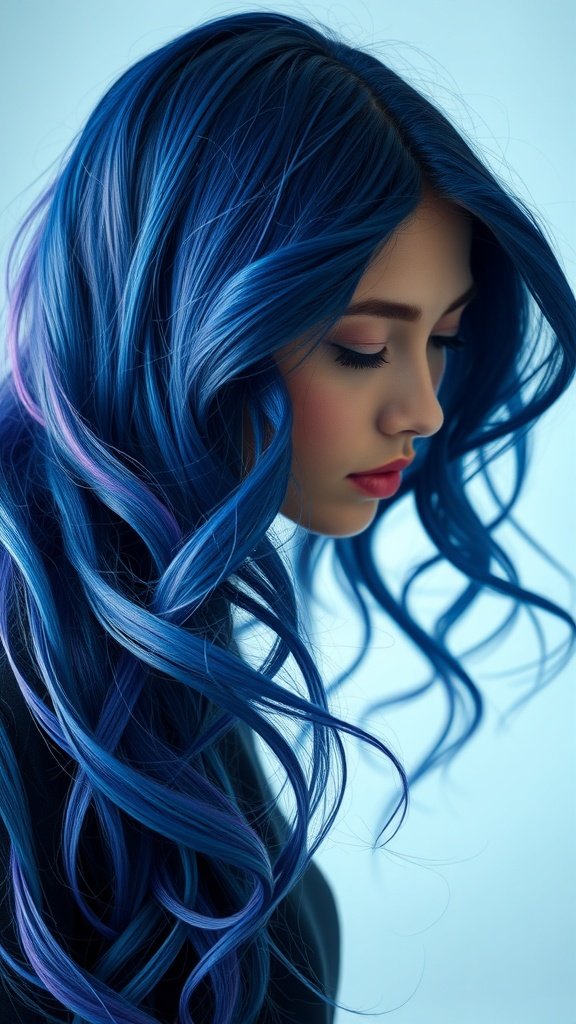 A woman with long, wavy hair dyed in a vibrant Mystical Indigo color, showcasing deep blue and purple tones.