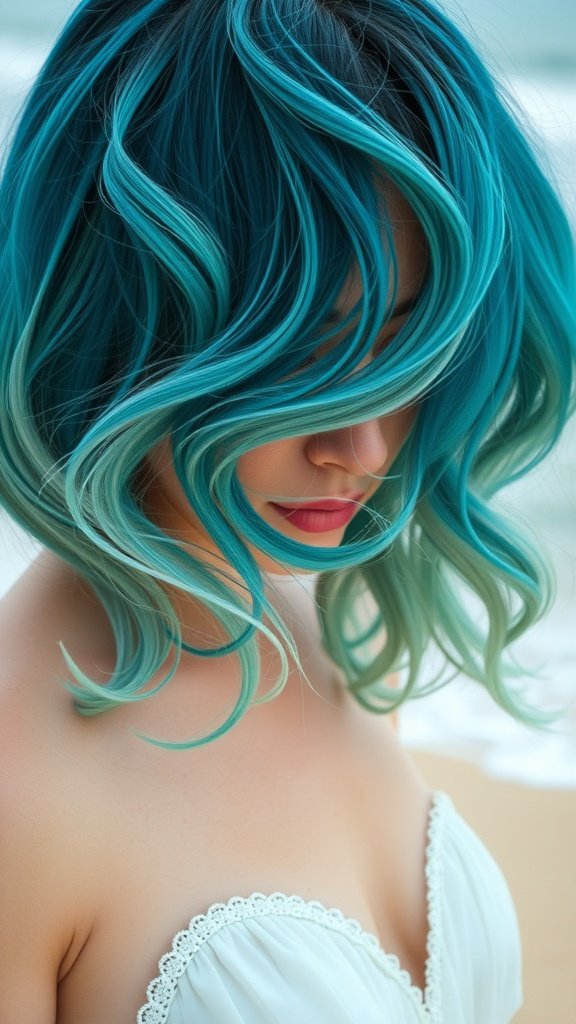 A woman with teal to aqua ombre hair, styled in soft waves, standing near the beach.