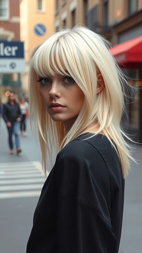 A woman with platinum blonde hair and curtain bangs, looking stylish in an urban setting.