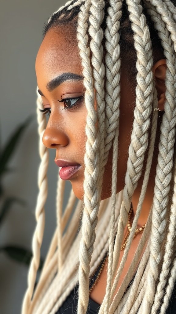 A close-up of a woman with platinum blonde box braids, showcasing the intricate details and shine of her hairstyle.