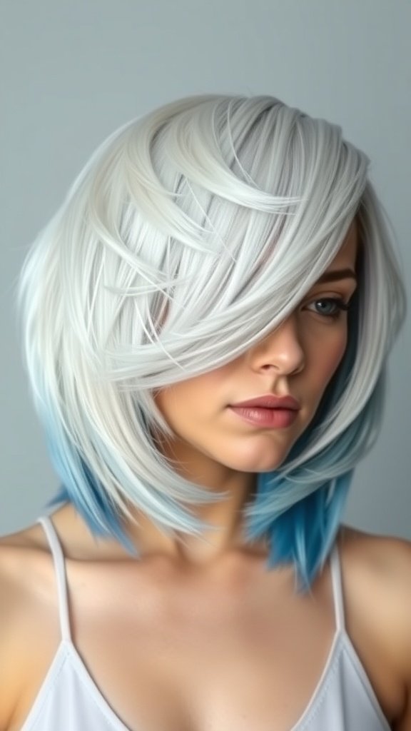 A woman with a platinum feathered bob hairstyle featuring icy blue accents.