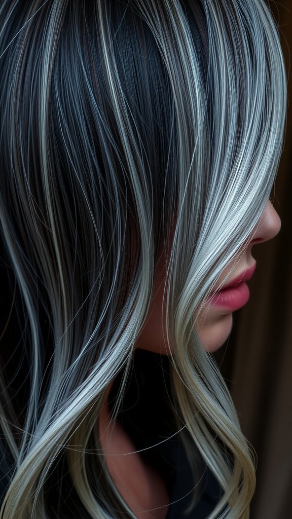 A close-up of dark hair with platinum gray highlights, showcasing soft waves and a stylish look.