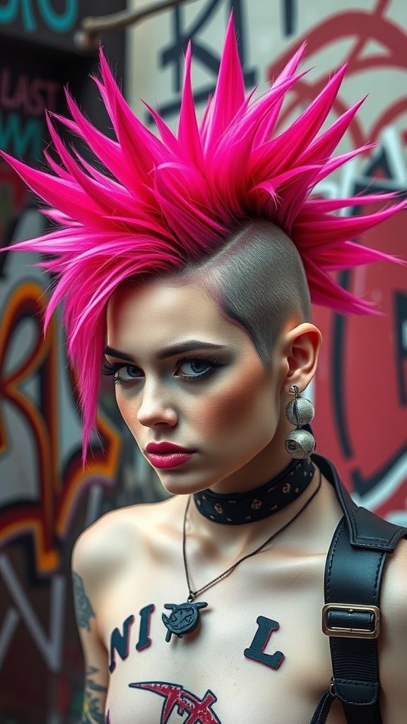 A model with punk rock pink spiked hair, showcasing an edgy hairstyle and bold accessories.