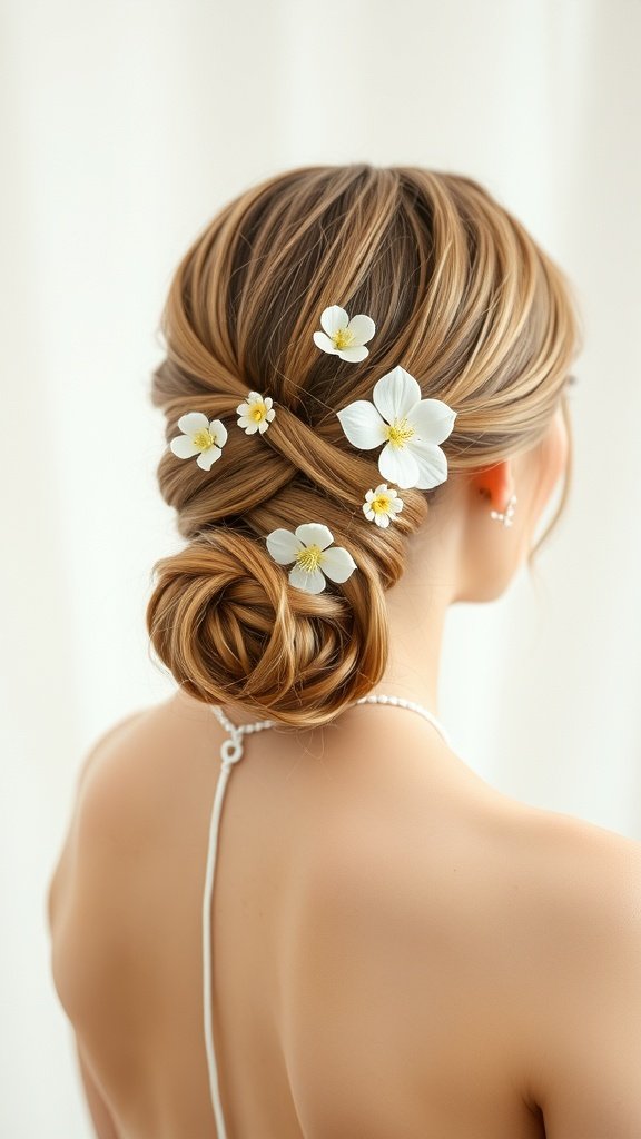 A romantic low chignon hairstyle adorned with white flowers, showcasing a soft and elegant look.