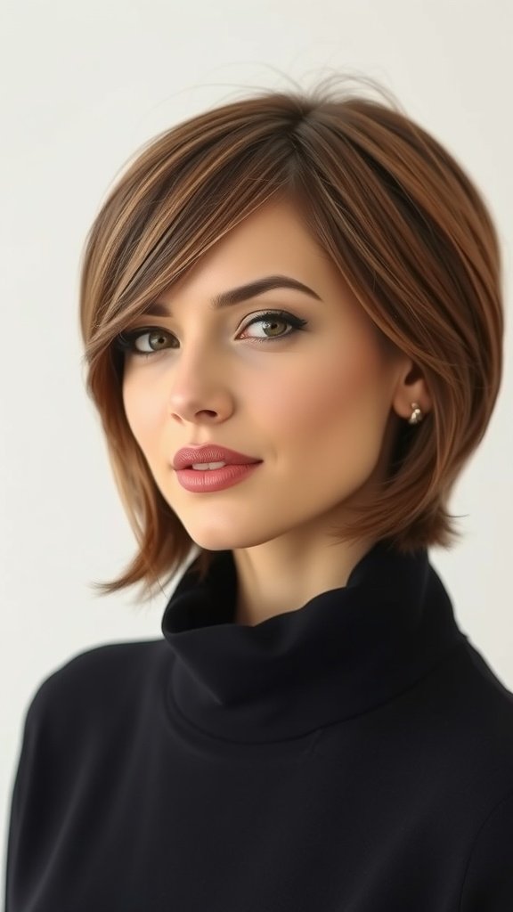 A woman with a rounded lob hairstyle featuring soft layers, showcasing a fresh and youthful look.