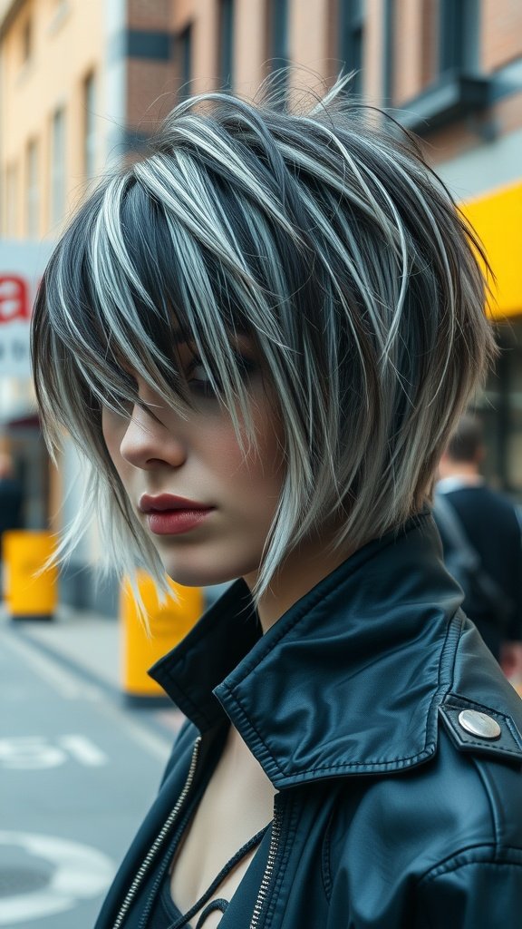 A woman with a shag haircut featuring dark roots and icy tips, wearing a leather jacket.