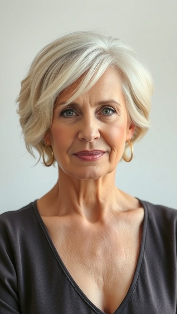 A woman with a short feathered hairstyle, showcasing soft layers and a stylish look.