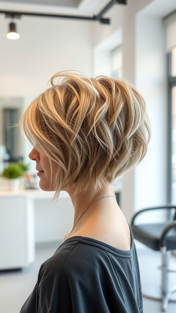 A stylish short shag haircut with elongated front, showcasing layers and texture.