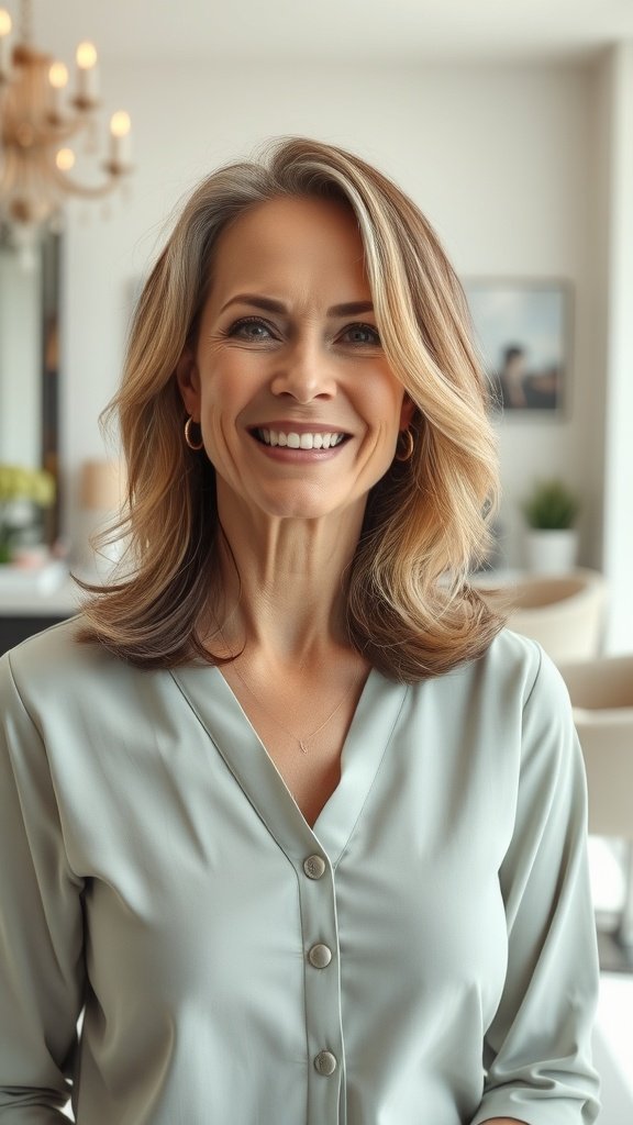 A woman with shoulder-length hair styled in subtle waves, smiling confidently.