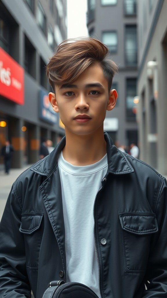 Teenage boy with side-swept bangs and low fade hairstyle, standing in an urban setting.