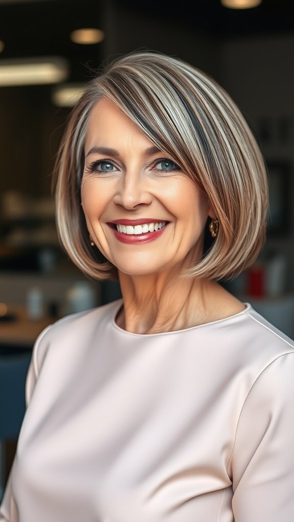 A woman with a sleek and straight ear-length bob hairstyle, smiling confidently.