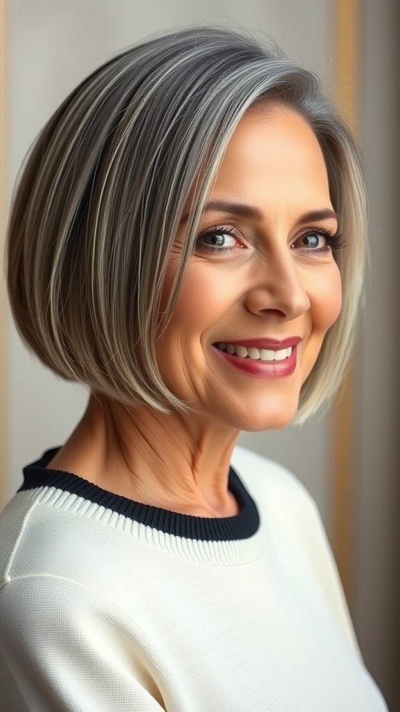 A woman with a sleek and straight ear-length bob hairstyle, smiling and looking confident.