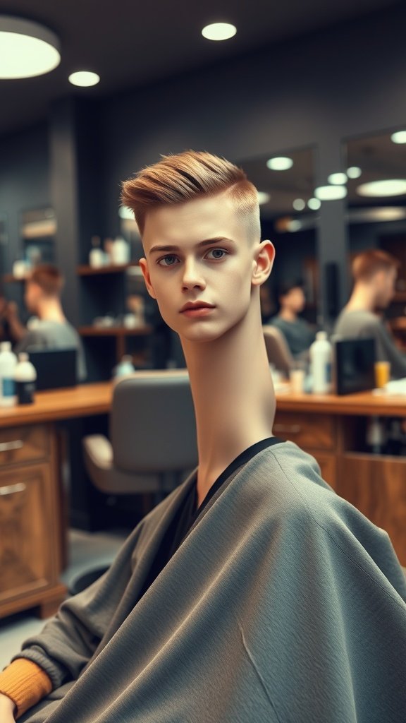 A young man with a slicked-back undercut hairstyle, sitting in a barbershop.
