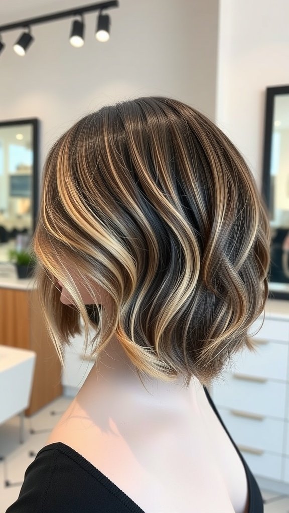 A stylish bob haircut with smokey quartz balayage highlights, featuring soft waves and a modern look.