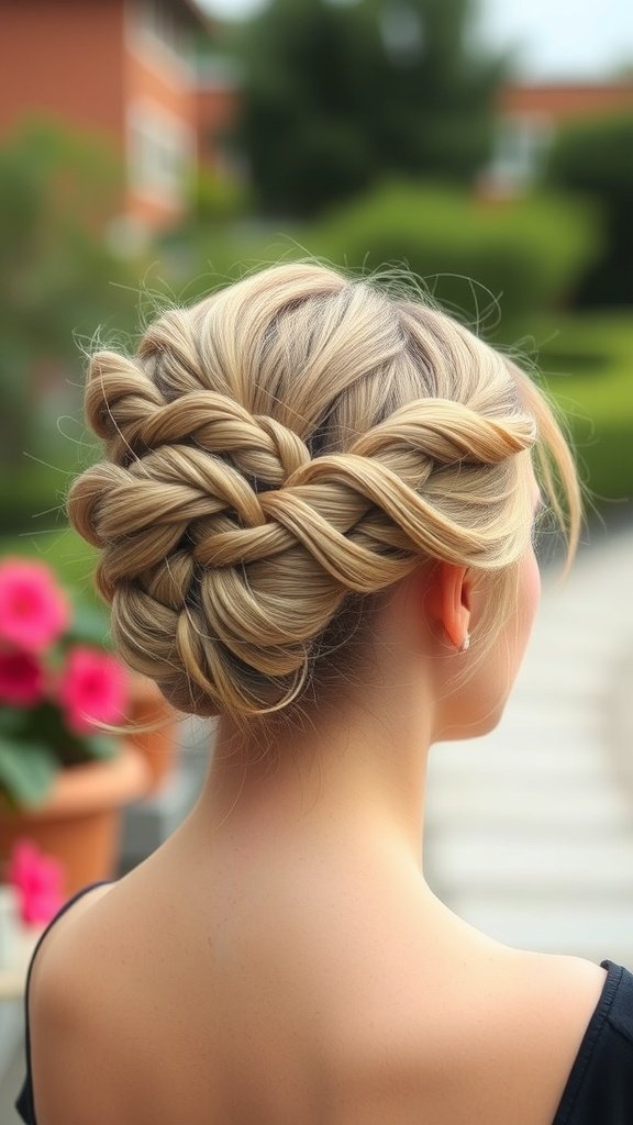 A woman with a soft braided updo and wispy bangs, showcasing an elegant hairstyle.