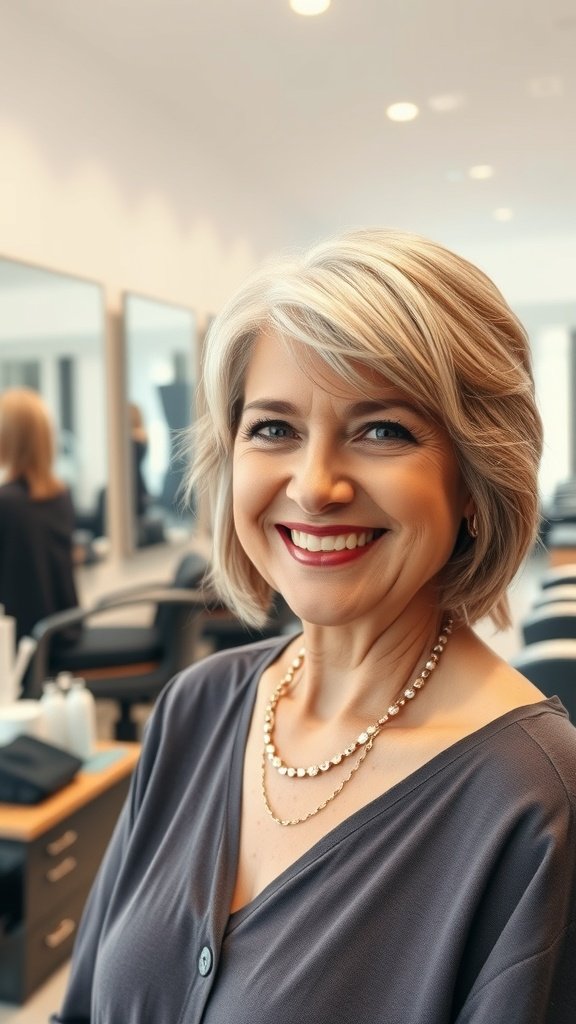 A woman smiling with a soft layered haircut and side swept bangs in a salon setting.