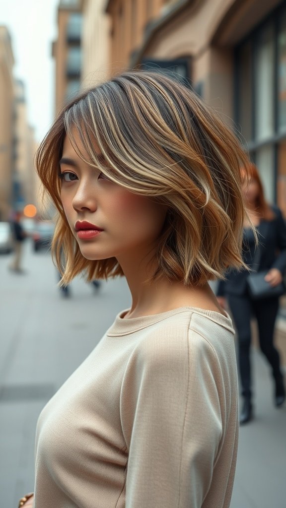 A woman with a softly waved bob hairstyle featuring choppy ends and a side fringe, standing on a city street.