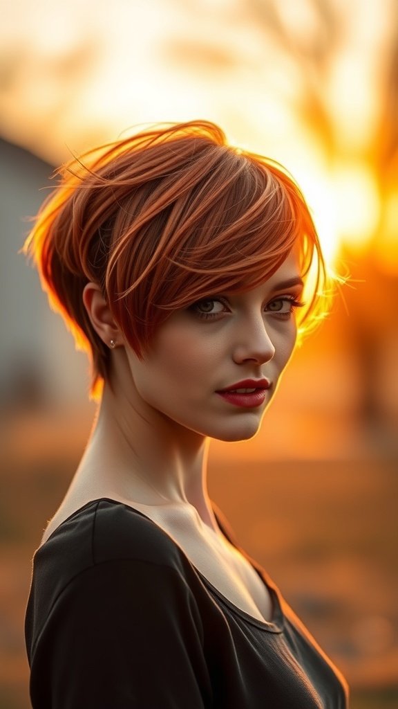 A woman with a sunset auburn pixie cut, standing against a sunset background.