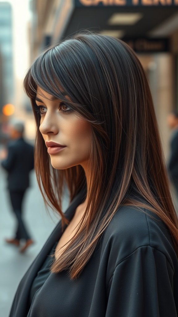 A woman with chocolate brown hair and swooping bangs, showcasing a stylish and elegant look.