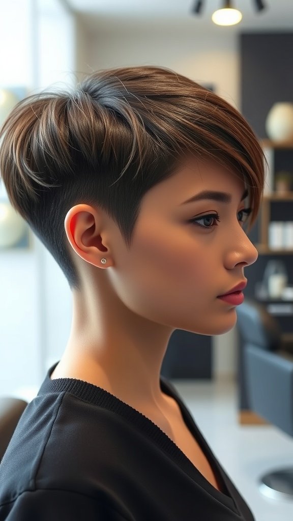A woman with a tapered pixie haircut featuring a V-cut nape, showcasing a stylish and modern look.