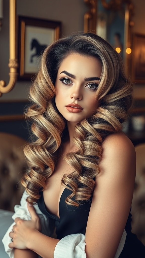 A woman with glamorous blonde Old Hollywood curls and dark roots, showcasing a timeless hairstyle.