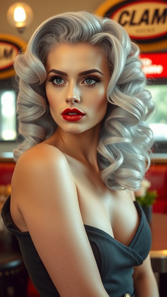 A model with silver pin-up curls and bold red lips, showcasing a retro glamour hairstyle.