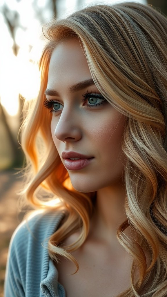 A close-up of a woman with toasted marshmallow blonde hair, featuring soft waves and a natural makeup look.