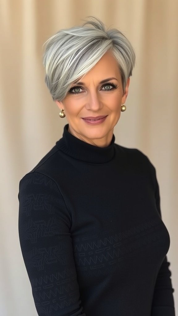 A woman with a stylish undercut pixie hairstyle featuring long side bangs, wearing a black turtleneck.