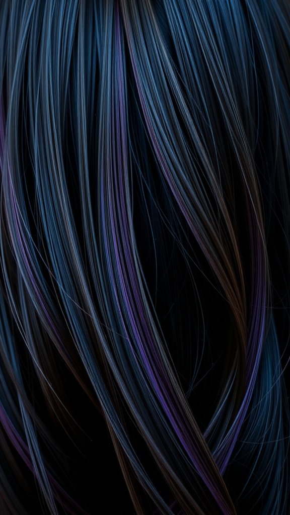 Close-up of dark hair with vibrant indigo streaks