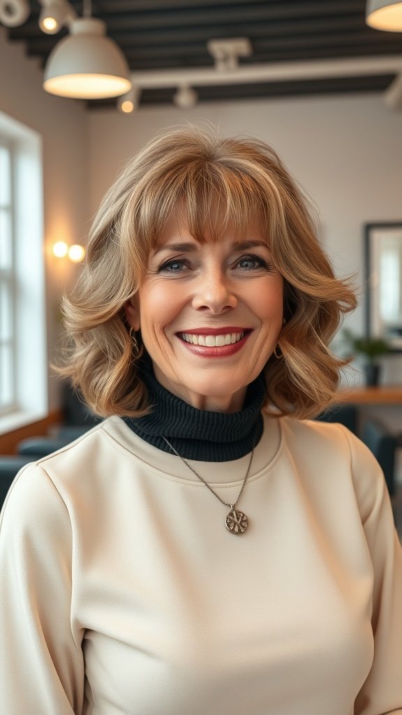 A woman with vintage waves and retro bangs, smiling warmly.