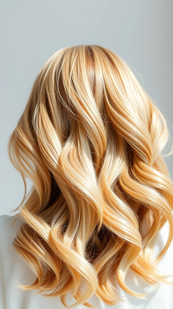 Back view of hair styled in warm honey blonde with platinum highlights, featuring soft waves.