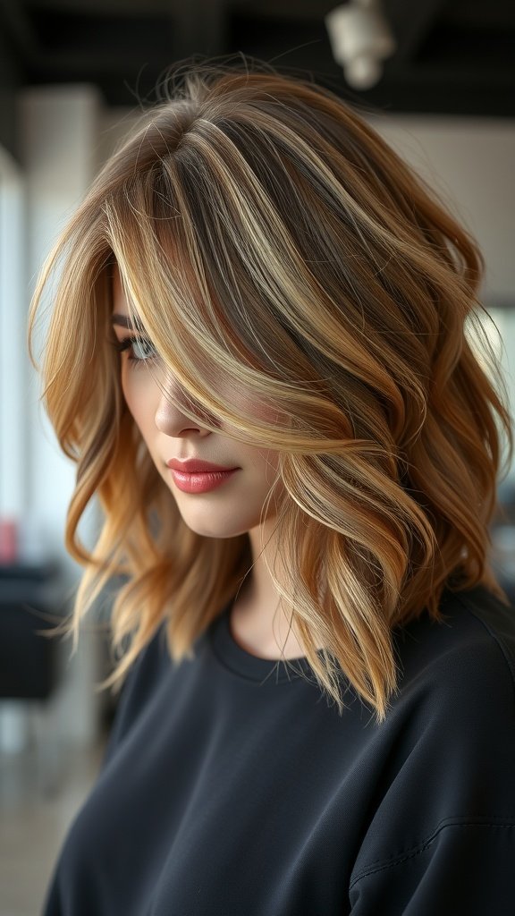 A woman with wavy shoulder-length hair featuring disconnected ends, showcasing a stylish and modern look.