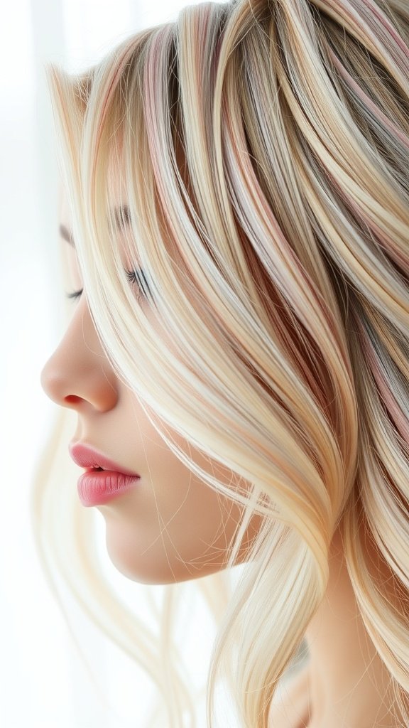 A close-up of blonde hair with pastel rainbow streaks, showcasing soft hues and waves.