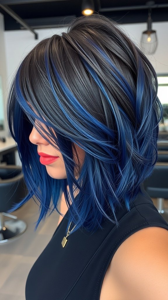A woman with a bold black and blue shag haircut featuring edgy layers.
