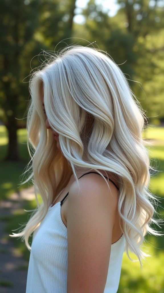 A woman with bright ash blonde hair featuring soft silver shine, styled in loose waves.