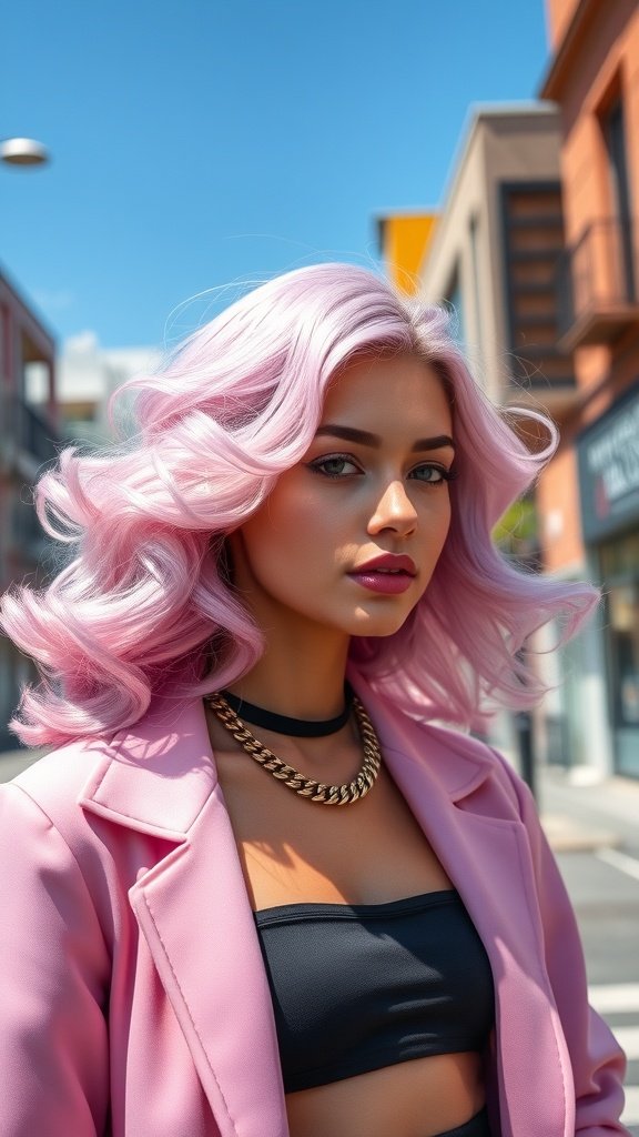 A model with candy floss pink hair styled in soft waves, wearing a pink blazer and black top, against a vibrant urban backdrop.