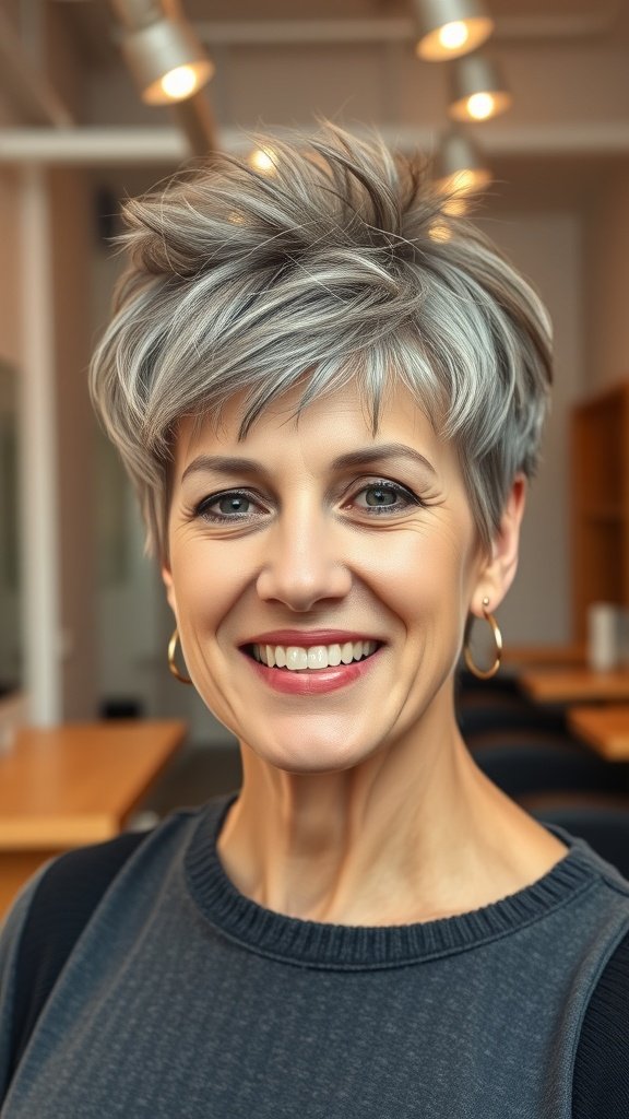 A woman with a casual pixie haircut featuring spiky bangs, smiling in a modern setting.