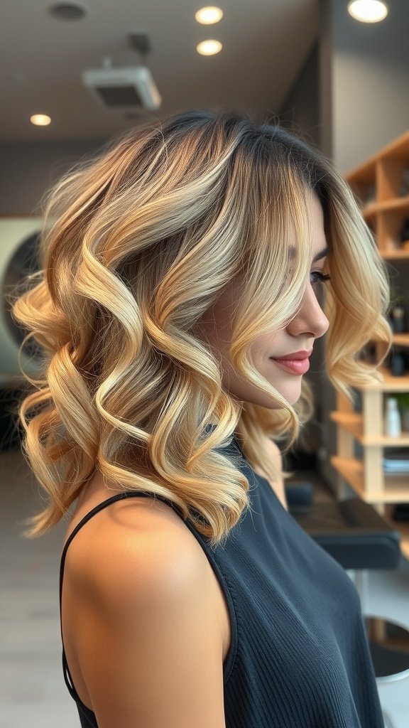 A woman with champagne blonde curls and dark roots, showcasing a stylish hairstyle.